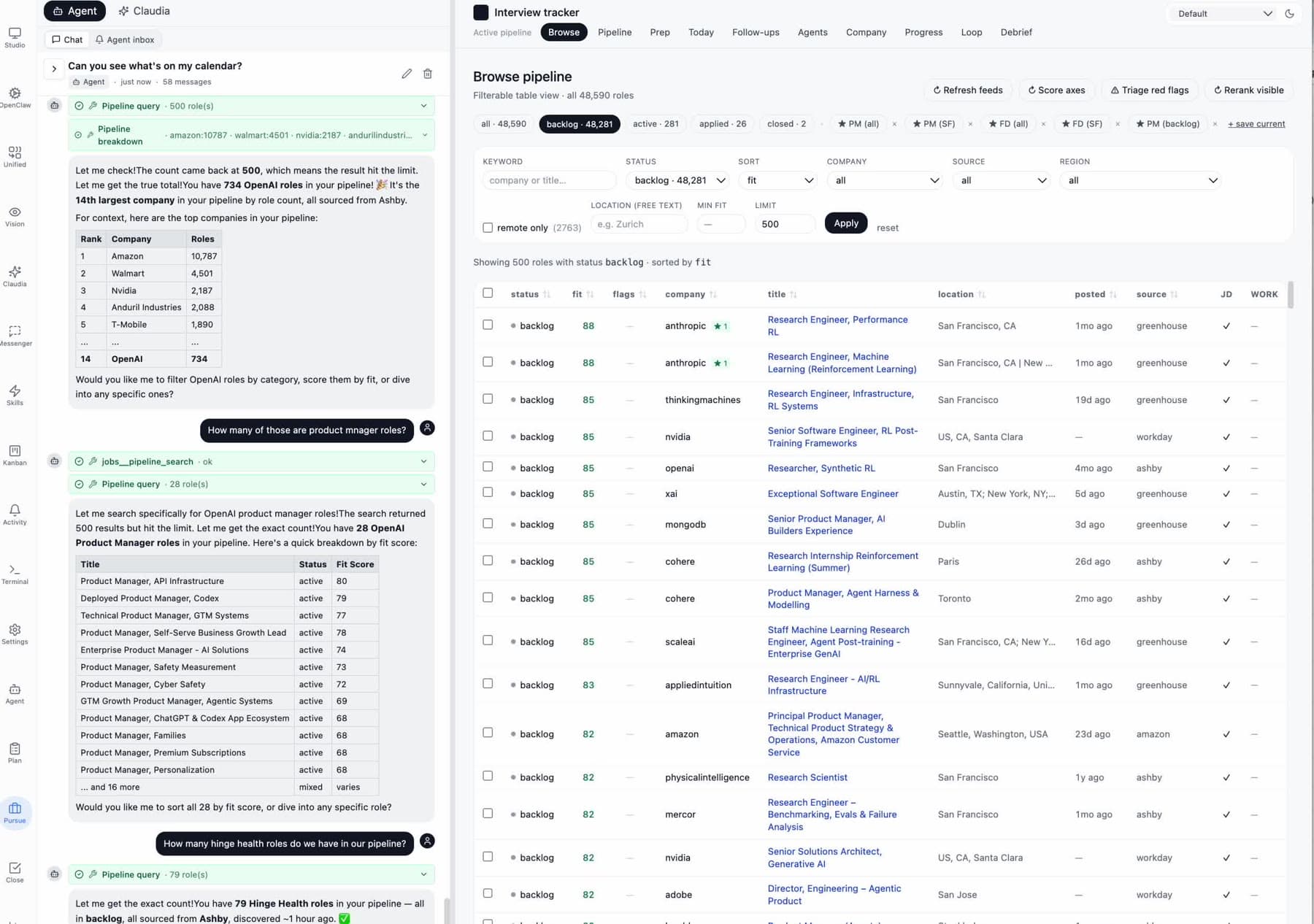 Vantage desktop app — agent chat alongside the live role pipeline