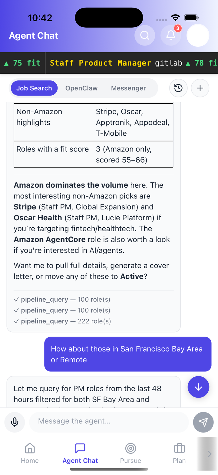Vantage mobile app — Agent Chat with the Home, Pursue, and Plan tabs